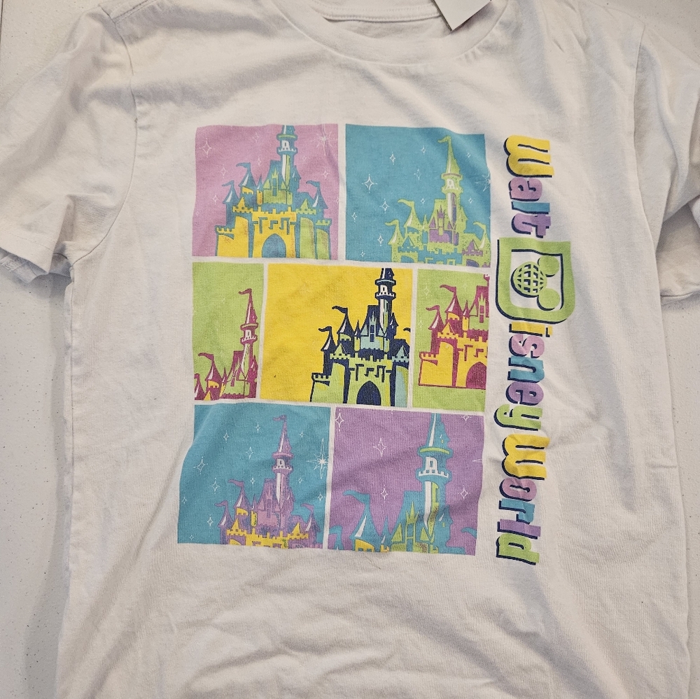 Disney World Womens Graphic T-Shirt - White, Pink, Blue, Yellow